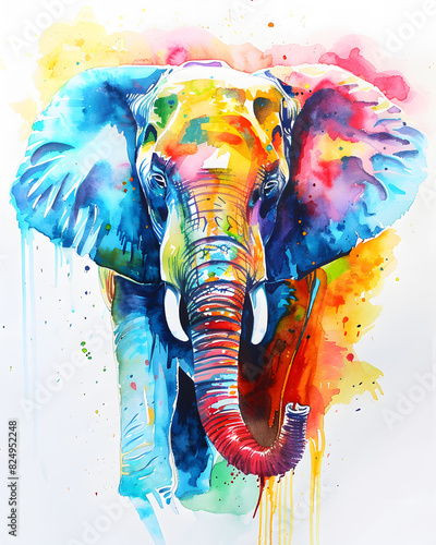 Colorful watercolor elephant head illustration on white background.