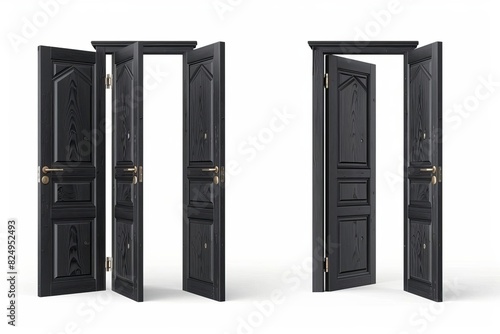 realistic 3d black wooden door frame open and closed with handle and lock welcome home design