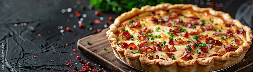 Quiche Lorraine, savory pastry with bacon and cheese, quaint French bakery Quiche Lorraine, savory pastry with bacon and cheese, quaint French bakery