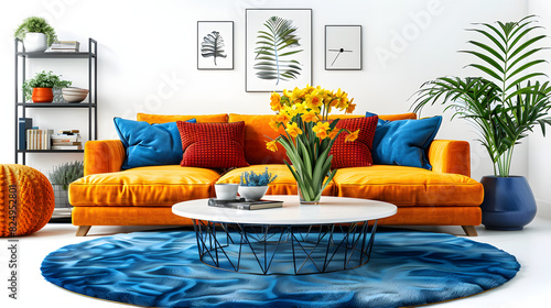 Cozy sofas  shelving unit and coffee table with vase of narcissus flowers in living room isolated on white background  pop-art  png 