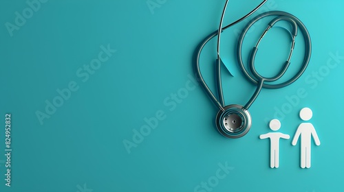 A top-down view of a professional medical stethoscope neatly arranged next to an iconographic representation of a happy family on a vibrant cyan background photo
