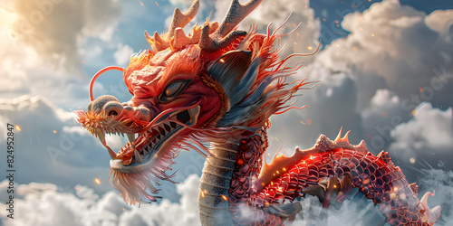 Digital art red dragon on clods sky background 3d illustration photo