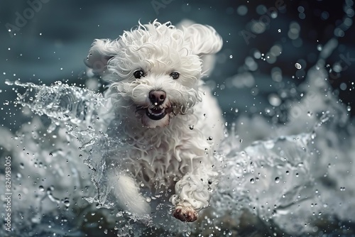 realistic 3d illustration of happy bichon frise dog running through splashing water
