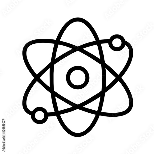 A black and white vector image of an atom with detailed electron orbits and nucleus structure, symbolizing atomic science and physics, on a transparent background