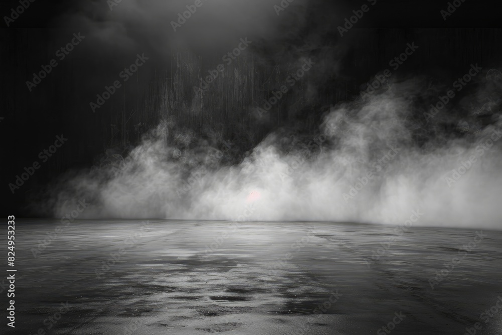 Abstract image of dark room concrete floor. Black room or stage background for product placement.Panoramic view of the abstract fog, mist or smog moves on black background - generative ai Abstract image of dark room concrete floor. Black room or stage background for product placement.Panoramic view of the abstract fog, mist or smog moves on black background - generative ai