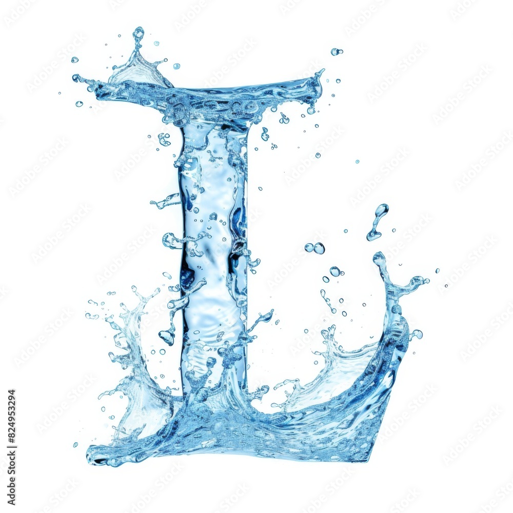 Texture of water and splashes on white background. The symbolic letter L for the original alphabet. L Print Template. Texture of water and splashes on white background. The symbolic letter L for the original alphabet. L Print Template.