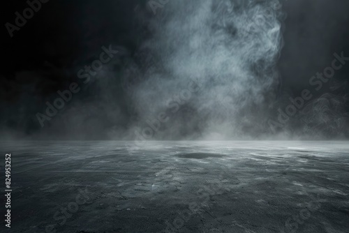 Abstract image of dark room concrete floor. Black room or stage background for product placement.Panoramic view of the abstract fog  mist or smog moves on black background  - generative ai