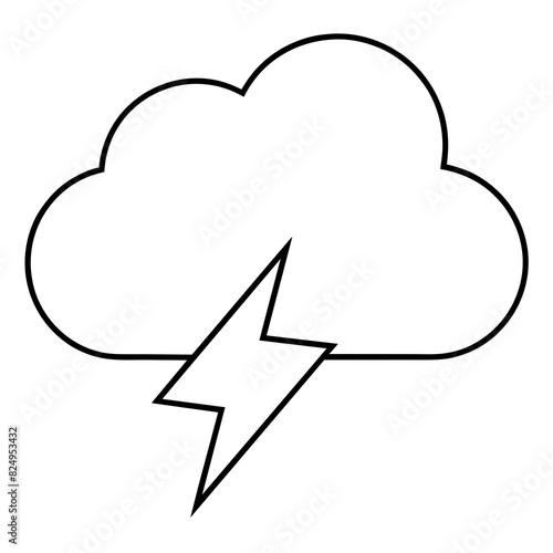 A black and white vector image depicting a lightning bolt striking through a cloud, symbolizing electricity, power, and natural phenomena, on a white background