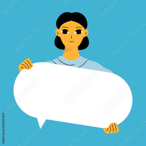 Young woman holding blank placard, poster, mockup. Pretty girl swowing empty presentation. Isolated illustration.