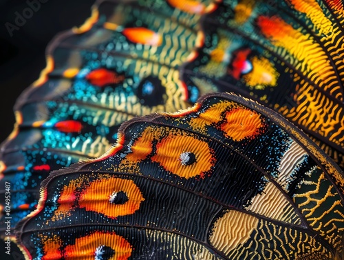 2. Macro photo of a butterfly wing, intricate patterns and vibrant colors, high detail showing the tiny scales, sharp and vivid