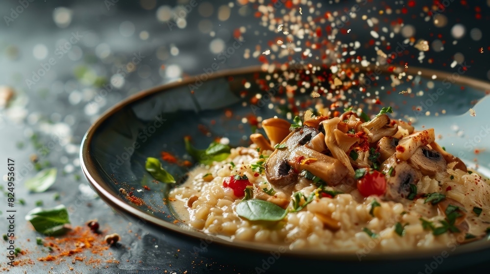 Risotto, creamy Arborio rice with mushrooms, elegant Italian restaurant Risotto, creamy Arborio rice with mushrooms, elegant Italian restaurant