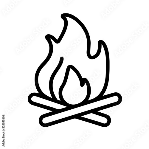 Black and white vector illustration of a large fire with a small log in the middle on a transparent background, symbolizing the power and intensity of flames compared to a modest source.