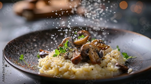 Risotto, creamy Arborio rice with mushrooms, elegant Italian restaurant photo