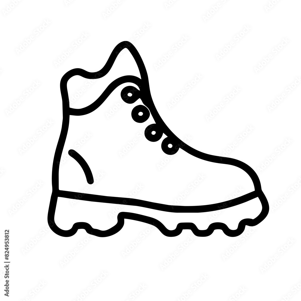 Black and white vector illustration of a hiking boot shown in close-up on a transparent background, with visible laces, designed for outdoor activities and rugged terrain, adventure, exploration. Black and white vector illustration of a hiking boot shown in close-up on a transparent background, with visible laces, designed for outdoor activities and rugged terrain, adventure, exploration.