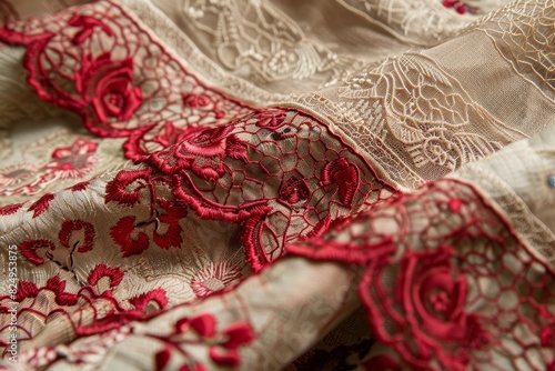 A red and white embroidered fabric with a floral design
