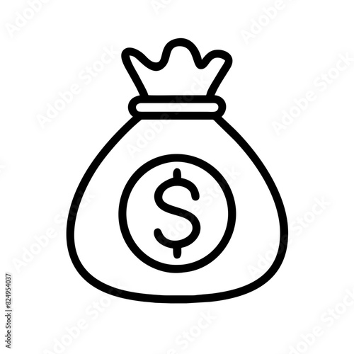 A black and white vector image of a bag featuring a dollar sign enclosed within a circle, symbolizing money, wealth, and financial concepts, on a transparent background