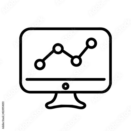 A black and white vector image of a computer monitor displaying a graph, symbolizing data analysis and digital information visualization, on a transparent background