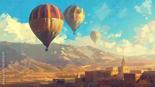 colorful hot air balloons floating in the moroccan sky digital painting photo