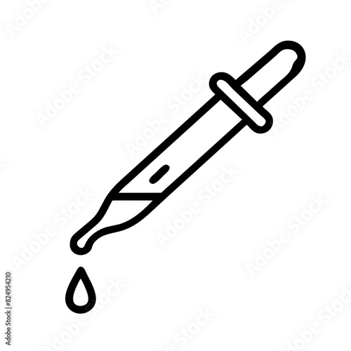 black and white vector illustration of a liquid droplet hanging from a dropper on a transparent background, symbolizing precision and care in dispensing fluids, medical, scientific, and laboratory