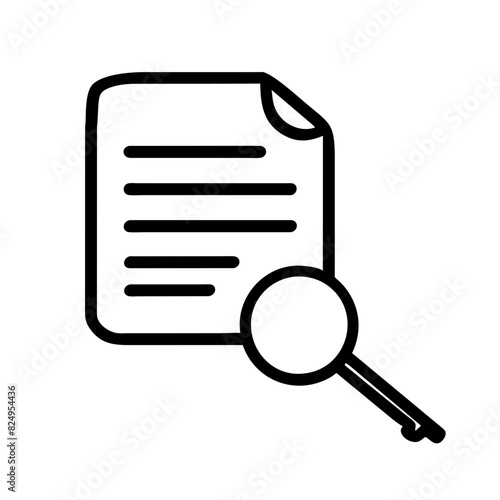 black and white vector illustration of a magnifying glass hovering over paper with writing on it on a transparent background, symbolizing scrutiny, attention to detail, research, analysis