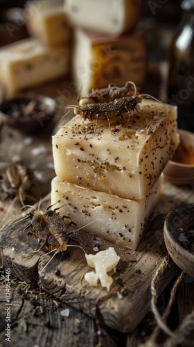 Sardinian casu marzu, cheese with live maggots, displayed on a rustic table, Mediterranean countryside photo