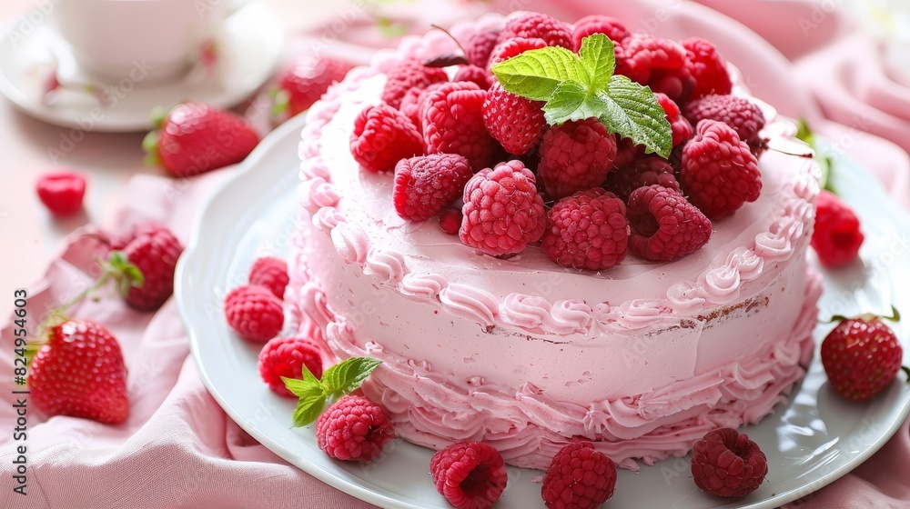 Pink frosted cake decorated with fresh raspberries and mint leaves. Pink frosted cake decorated with fresh raspberries and mint leaves.