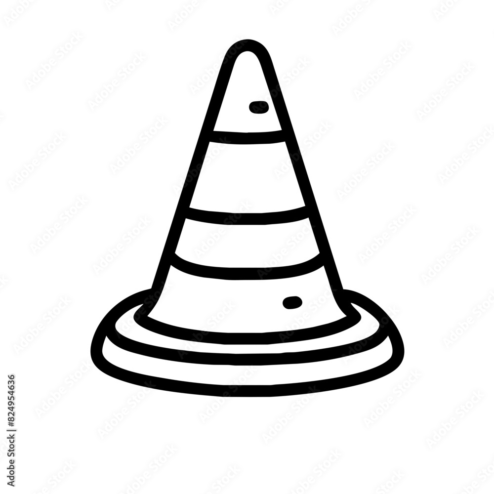 Simple black and white vector illustration of a cone-shaped traffic sign with stripe, designed to alert drivers of a potential hazard ahead, emphasizing safety and caution on the roadways. Simple black and white vector illustration of a cone-shaped traffic sign with stripe, designed to alert drivers of a potential hazard ahead, emphasizing safety and caution on the roadways.