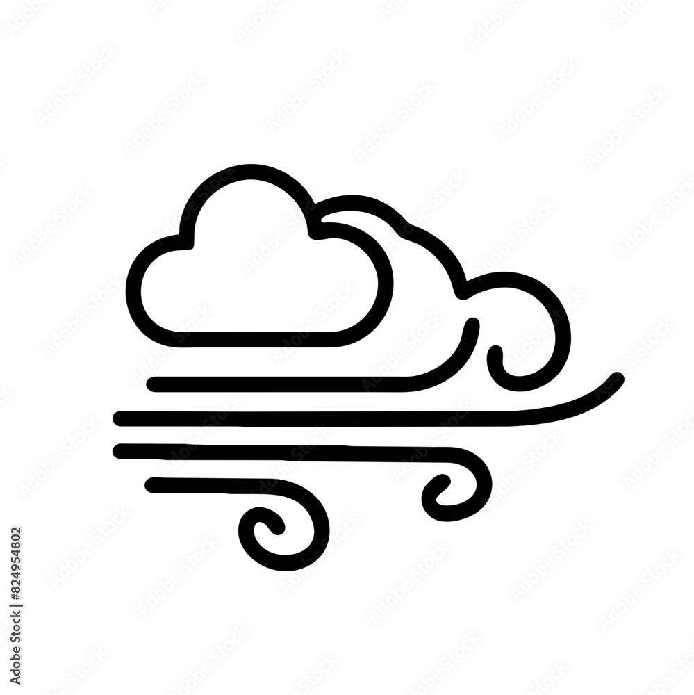 Black and white vector illustration of a windy day with a cloud in the sky on transparent background. The wind is blowing in a curved line, and the cloud is in the middle of the sky. Black and white vector illustration of a windy day with a cloud in the sky on transparent background. The wind is blowing in a curved line, and the cloud is in the middle of the sky.