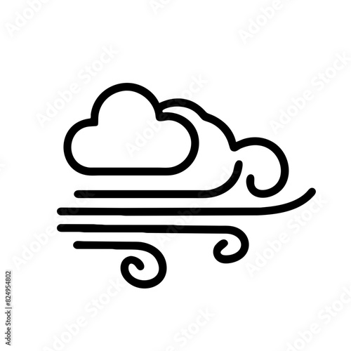 Black and white vector illustration of a windy day with a cloud in the sky on transparent background. The wind is blowing in a curved line, and the cloud is in the middle of the sky.