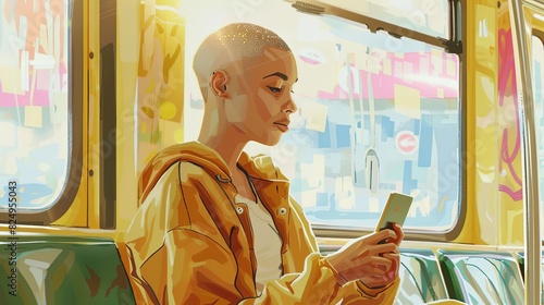 confident mixedrace woman with alopecia texting on subway empowering digital illustration photo