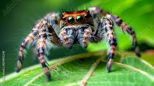 A close-up of a jumping spider on a green leaf, with its eight eyes and hairy legs.