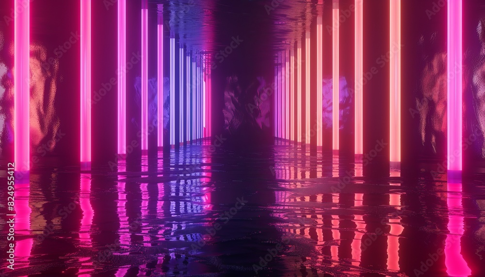 Fototapeta premium Radiant Reflections: A Neon Light Exhibition on Water