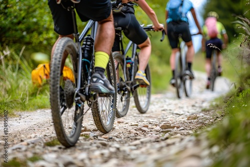High-detail photo of people cycling on a rural trail, shot from behind, with a focus on the powerful movement of their legs and the rough terrain