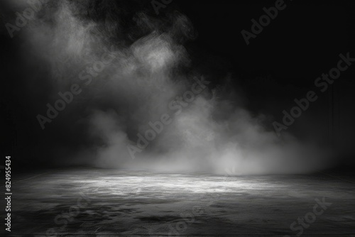 Abstract image of dark room concrete floor. Black room or stage background for product placement.Panoramic view of the abstract fog, mist or smog moves on black background - generative ai