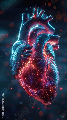Cardiovascular disease illustrated as a glitch within the hearts electrical system, SciFi Style, Dark Background, Glowing Lines, Highlighting cardiac errors