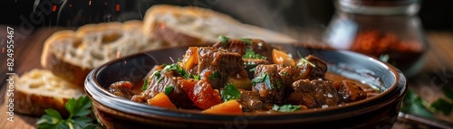 Side view of a steaming bowl of Hungarian goulash, rich and hearty with chunks of beef and vegetables, rustic bread on the side, warm kitchen setting photo