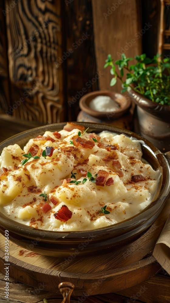 Slovakian bryndzove halusky, potato dumplings with sheep cheese and bacon, traditional ceramic bowl, wooden cabin interior, soft lighting Slovakian bryndzove halusky, potato dumplings with sheep cheese and bacon, traditional ceramic bowl, wooden cabin interior, soft lighting