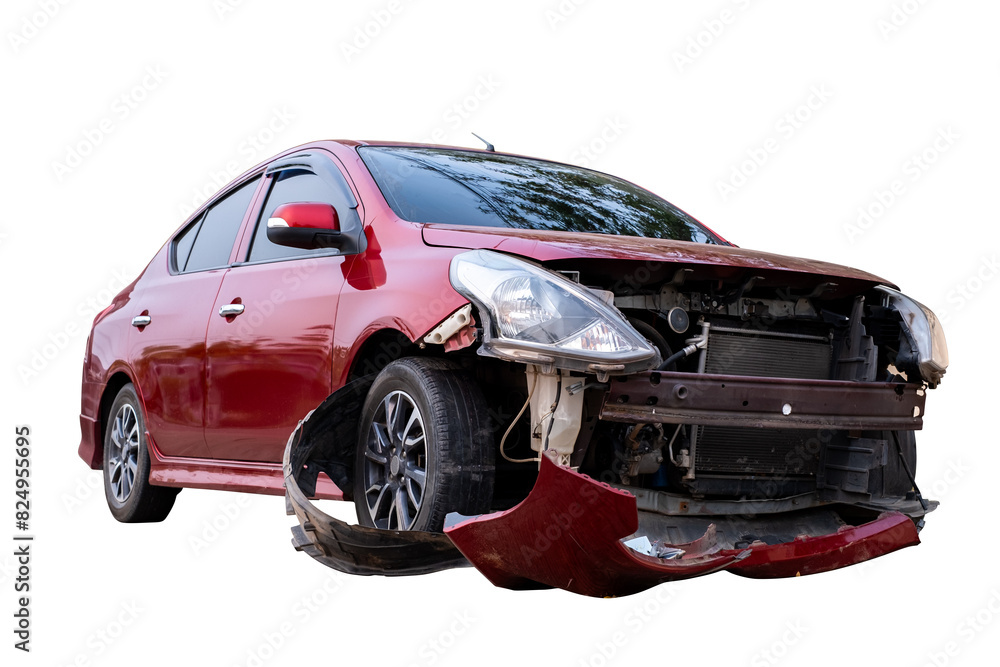 Naklejka premium Car crash, Full body front and side view of red car get damaged by accident on the road. damaged cars after collision. Isolated on transparent background, car crash broken, PNG File