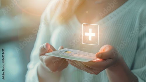 A woman's hand delicately holds a glowing plus icon, symbolizing healthcare access and medical assistance, with a backdrop of a health insurance card and copy space. photo