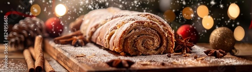Slovenian potica, nut roll cake, slice showing the swirls, traditional holiday setting, festive decorations, warm family gathering photo