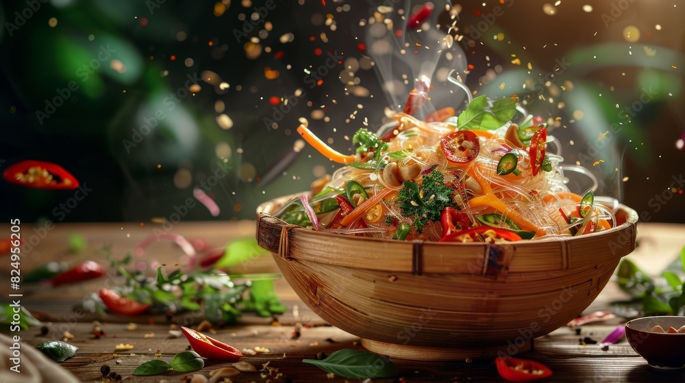 Spicy glass noodle salad, tangy and refreshing, served in a bamboo bowl, mountain trek picnic Spicy glass noodle salad, tangy and refreshing, served in a bamboo bowl, mountain trek picnic