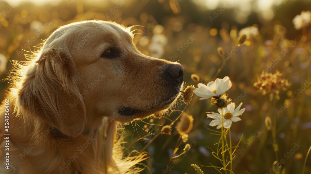 A dog with a head tilt and inquisitive eyes, sniffing a fragrant summer flower curiously. A dog with a head tilt and inquisitive eyes, sniffing a fragrant summer flower curiously.