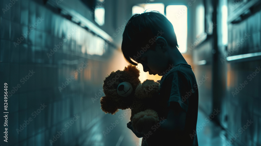 Eye-level angle shot of a child standing outside a dimly-lit hospital room Eye-level angle shot of a child standing outside a dimly-lit hospital room