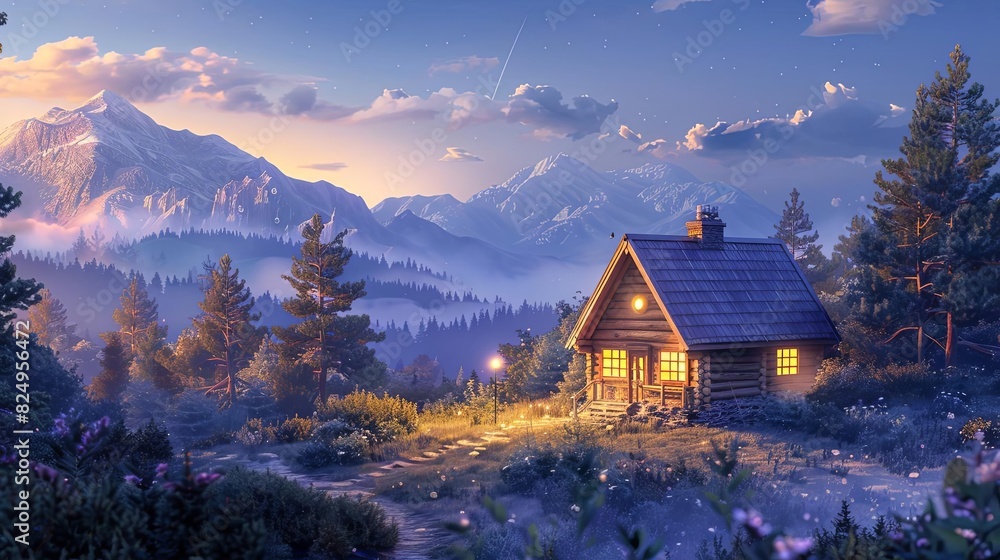 Fototapeta premium cozy mountain house illuminated at dusk peaceful evening scenery ai generated illustration