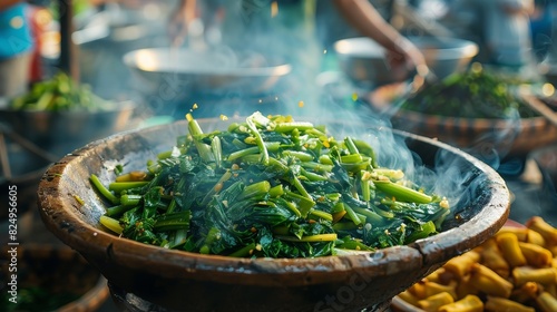 Stirfried morning glory, vibrant green, served in a rustic earthenware dish, soft focus on a busy street food stall photo