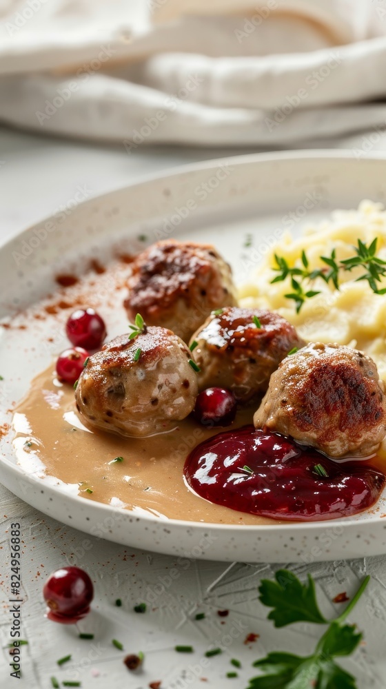 Swedish meatballs with creamy gravy, lingonberry sauce on the side, elegant white porcelain, minimalist Scandinavian kitchen interior Swedish meatballs with creamy gravy, lingonberry sauce on the side, elegant white porcelain, minimalist Scandinavian kitchen interior