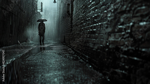 Eye-level angle photo of a lone figure standing in a rain-soaked alley photo