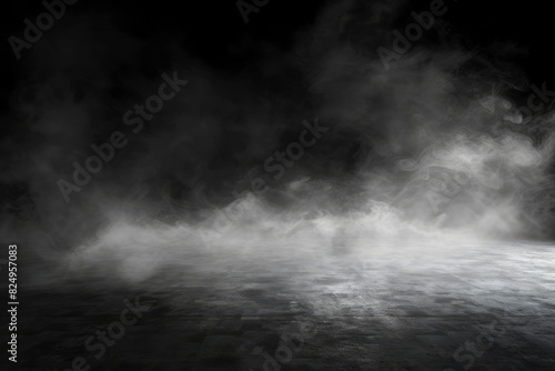 Abstract image of dark room concrete floor. Black room or stage background for product placement.Panoramic view of the abstract fog, mist or smog moves on black background - generative ai