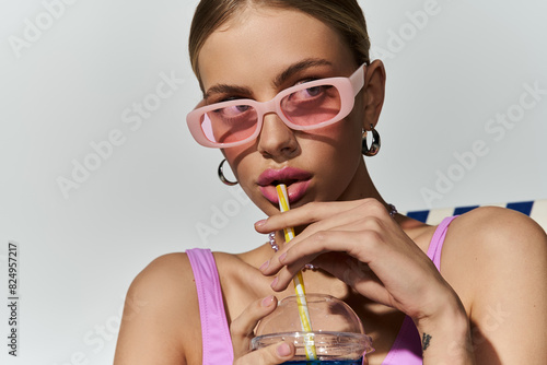 Blonde woman in pink sunglasses sipping through a straw. © LIGHTFIELD STUDIOS