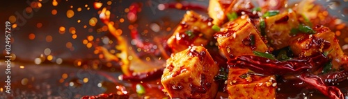 Szechuan tofu, spicy and numbing with peppers, authentic Chinese kitchen photo